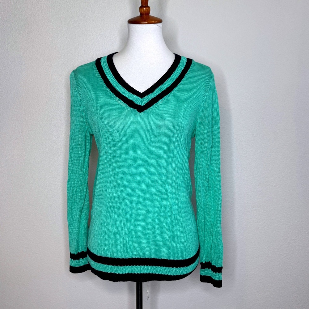 TALBOTS 100% Linen V-Neck Sweater M Green & Navy Long Sleeves Tennis Prep Preppy